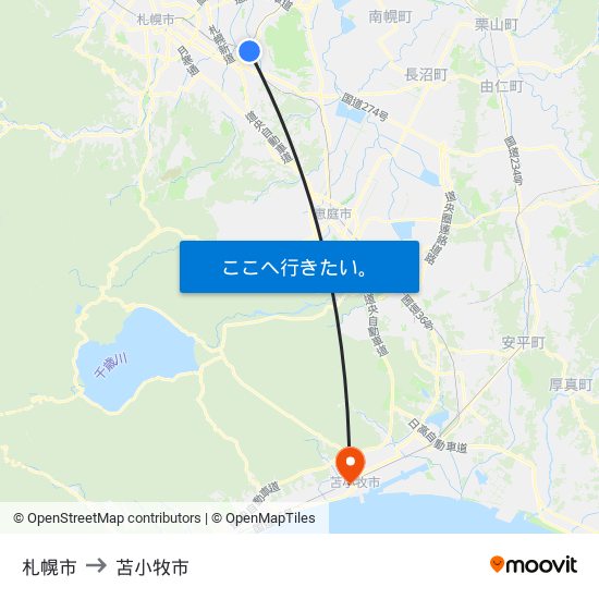 札幌市 to 苫小牧市 map