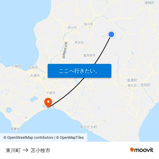 東川町 to 苫小牧市 map