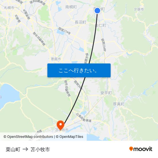 栗山町 to 苫小牧市 map