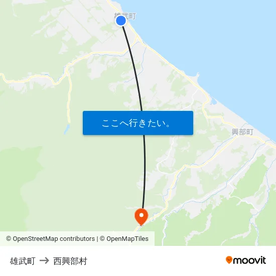 雄武町 to 西興部村 map