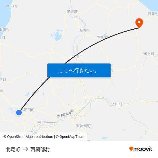 北竜町 to 西興部村 map