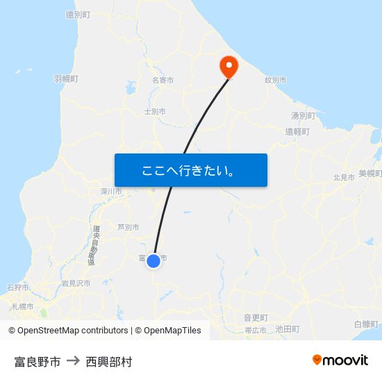 富良野市 to 西興部村 map