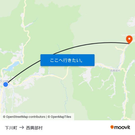 下川町 to 西興部村 map