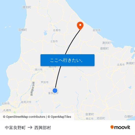 中富良野町 to 西興部村 map