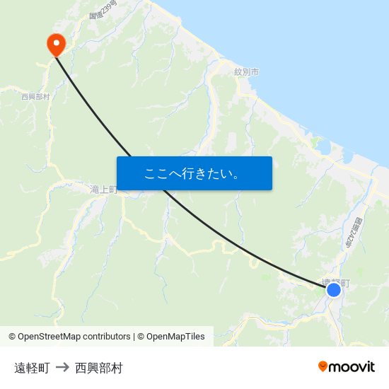 遠軽町 to 西興部村 map