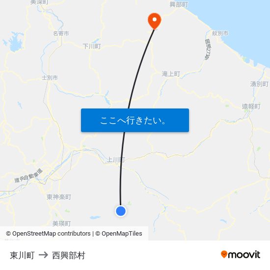 東川町 to 西興部村 map