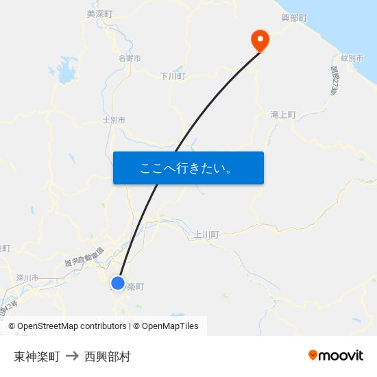 東神楽町 to 西興部村 map