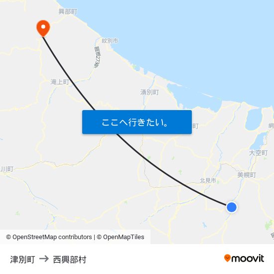 津別町 to 西興部村 map