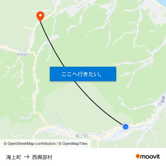 滝上町 to 西興部村 map