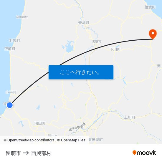 留萌市 to 西興部村 map