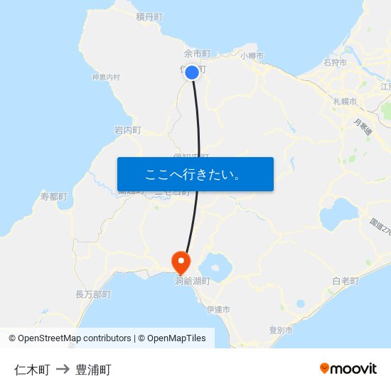 仁木町 to 豊浦町 map