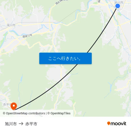 旭川市 to 赤平市 map