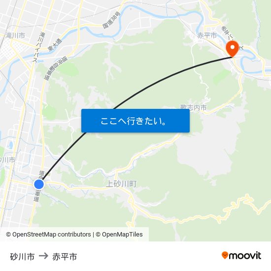 砂川市 to 赤平市 map