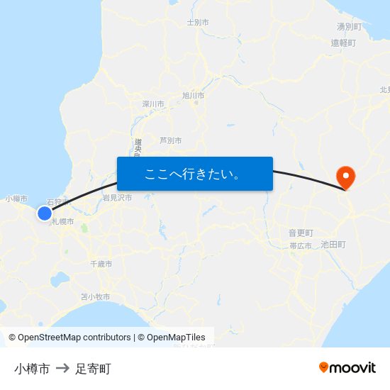 小樽市 to 足寄町 map