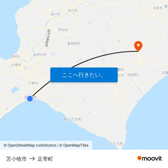 苫小牧市 to 足寄町 map