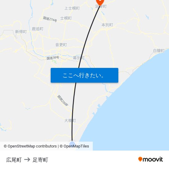 広尾町 to 足寄町 map