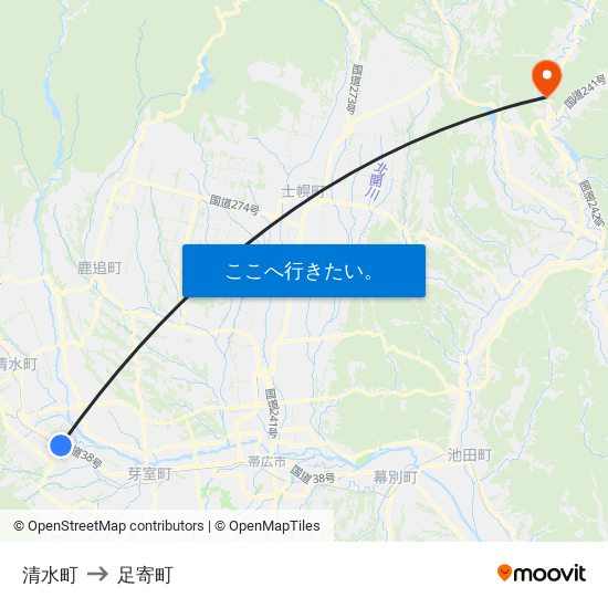 清水町 to 足寄町 map