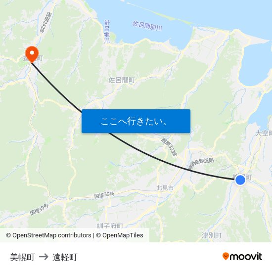 美幌町 to 遠軽町 map