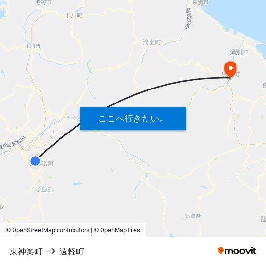 東神楽町 to 遠軽町 map
