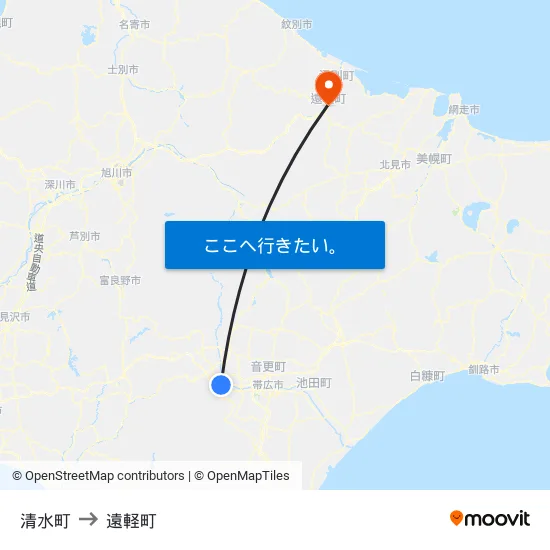 清水町 to 遠軽町 map