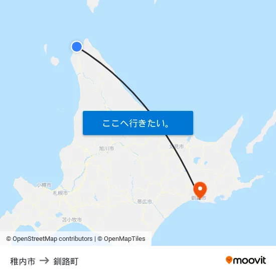 稚内市 to 釧路町 map