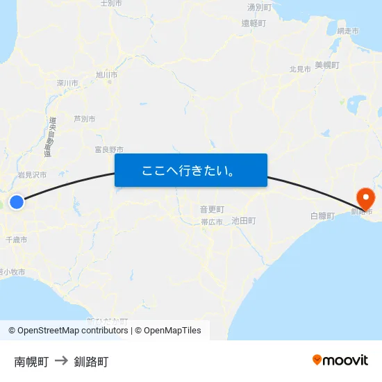 南幌町 to 釧路町 map