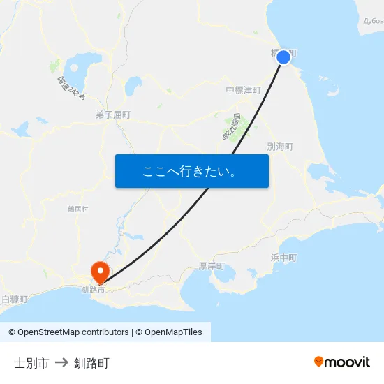 士別市 to 釧路町 map