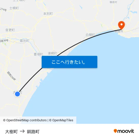 大樹町 to 釧路町 map
