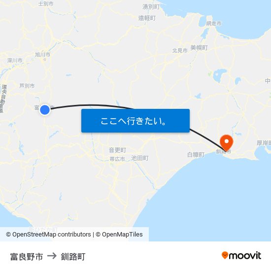 富良野市 to 釧路町 map