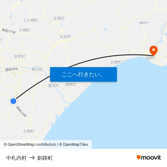 中札内村 to 釧路町 map
