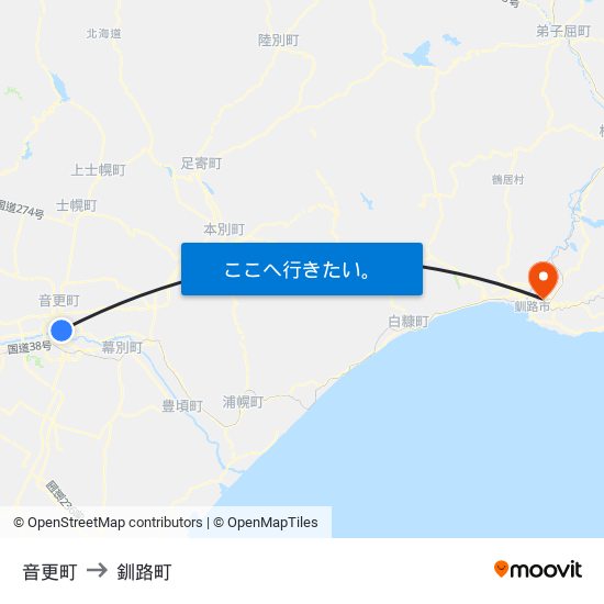 音更町 to 釧路町 map