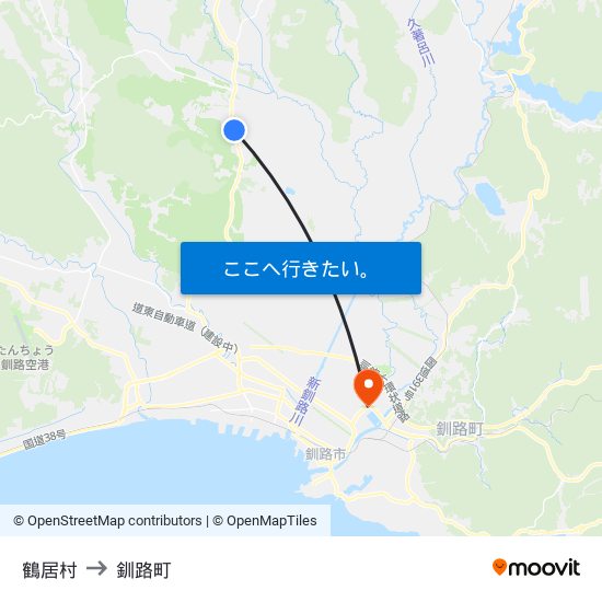 鶴居村 to 釧路町 map