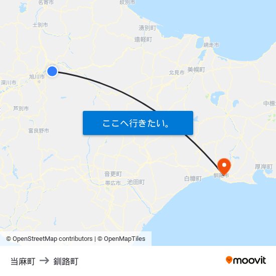 当麻町 to 釧路町 map