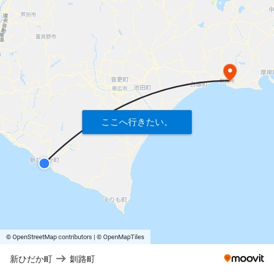 新ひだか町 to 釧路町 map