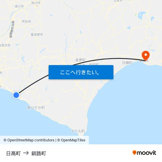 日高町 to 釧路町 map