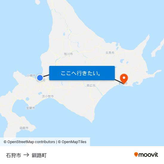 石狩市 to 釧路町 map