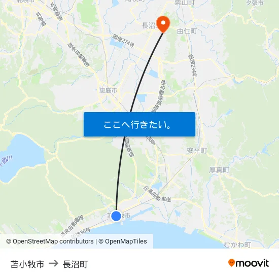 苫小牧市 to 長沼町 map