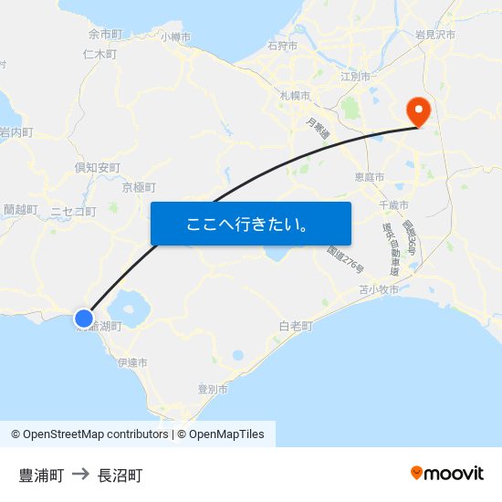 豊浦町 to 長沼町 map