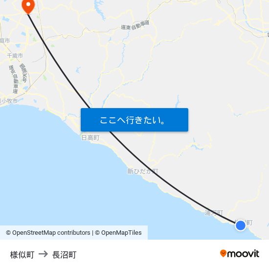 様似町 to 長沼町 map