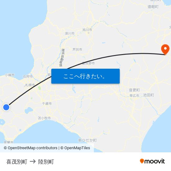 喜茂別町 to 陸別町 map