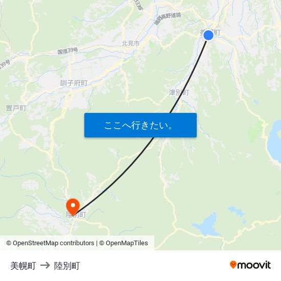 美幌町 to 陸別町 map