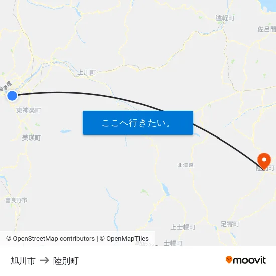 旭川市 to 陸別町 map