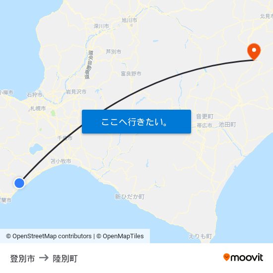 登別市 to 陸別町 map