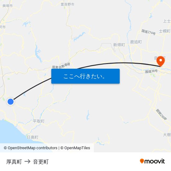 厚真町 to 音更町 map