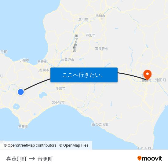 喜茂別町 to 音更町 map