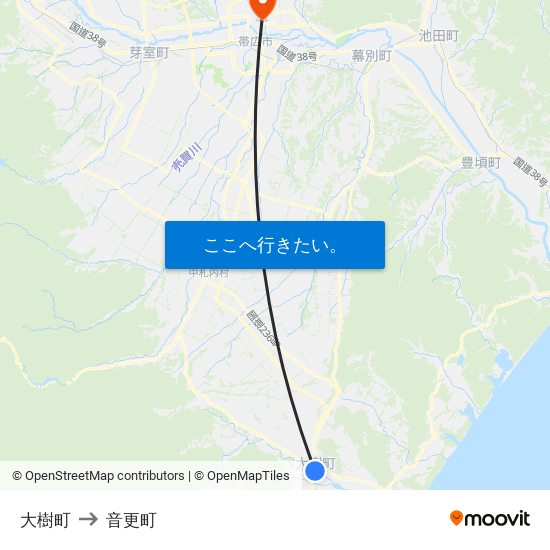 大樹町 to 音更町 map