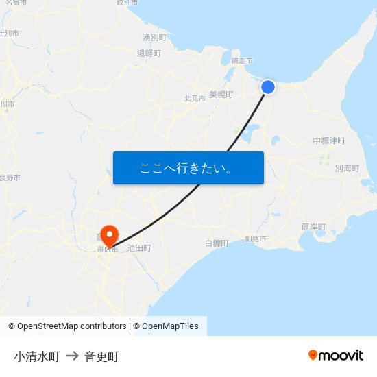 小清水町 to 音更町 map