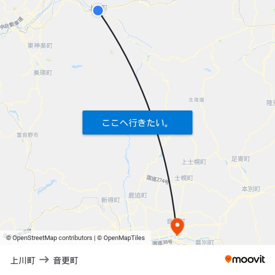 上川町 to 音更町 map