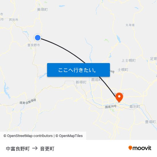中富良野町 to 音更町 map