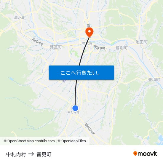 中札内村 to 音更町 map